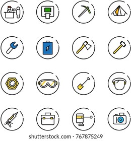 line vector icon set - passport control vector, atm, job, tent, wrench, battery, axe, sledgehammer, nut, protective glasses, shovel, protect glass, gun sealant, tool box, laser lever, camera