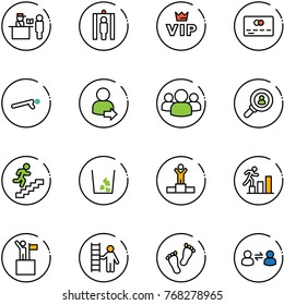 line vector icon set - passport control vector, metal detector gate, vip, credit card, push ups, user login, group, head hunter, career, garbage, winner, win, opportunity, feet, information exchange