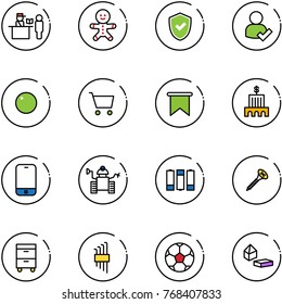 line vector icon set - passport control vector, cake man, shield check, user, record, cart, flag, bank building, mobile phone, robot, battery, screw, tool cabinet, allen key set, soccer ball