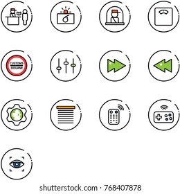 line vector icon set - passport control vector, terrorism, officer window, floor scales, customs road sign, settings, fast forward, backward, gear globe, jalousie, remote, joystick wireless