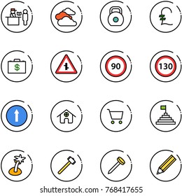 line vector icon set - passport control vector, clouds, weight, pound, money case, intersection road sign, speed limit 90, 130, only forward, home, cart, pyramid flag, palm, sledgehammer, nail