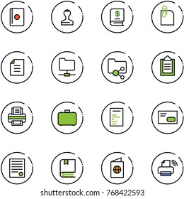 line vector icon set - passport vector, stamp, annual report, attachment, document, network folder, shared, clipboard, printer, case, envelope, agreement, book, wireless