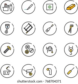 line vector icon set - passport control vector, scalpel, safe, gold, piston, bucksaw, chisel, plumber, screw, rivet, cocncrete mixer, winch, welding, wheelbarrow, allen key, awl