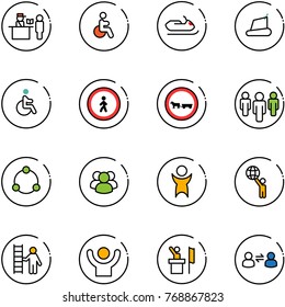 line vector icon set - passport control vector, disabled, snowmobile, treadmill, no pedestrian road sign, cart horse, group, community, success, world, opportunity, speaker, information exchange