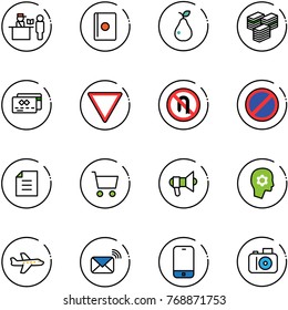 line vector icon set - passport control vector, pear, big cash, credit card, giving way road sign, no turn back, parking, document, cart, megaphone, brain work, plane, wireless mail, mobile phone