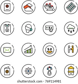 line vector icon set - passport vector, clouds, santa sleigh, pills blister, pull ups, medical mask, cash, money rain, mail, growth, smile, agreement, gear, beanbag, toy block house