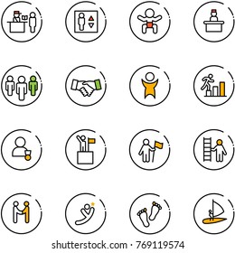 line vector icon set - passport control vector, elevator, baby, recieptionist, group, agreement, success, career, winner, win, opportunity, flying man, feet, windsurfing