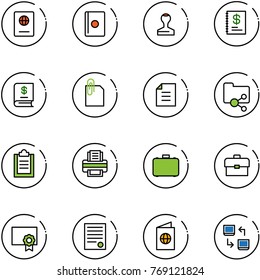 line vector icon set - passport vector, stamp, annual report, attachment, document, shared folder, clipboard, printer, case, portfolio, certificate, agreement, data exchange