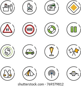 line vector icon set - passport control vector, lab, credit card, main road sign, oncoming traffic, customs, lifebuoy, pause, dollar, car, pennant, flags cross, life vest, tent, antenna, jack