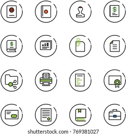 line vector icon set - passport vector, stamp, annual report, statistics, attachment, document, shared folder, printer, certificate, envelope, agreement, book, case