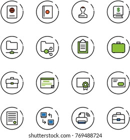line vector icon set - passport vector, stamp, annual report, network folder, shared, clipboard, case, portfolio, schedule, certificate, envelope, agreement, data exchange, printer wireless