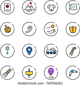 line vector icon set - passport vector, mountains, dog, first aid room, moon flag, flying man, waves, butterfly, laser, navigation pin, rover, plumber, bolt cutter, crown drill, balloon smile