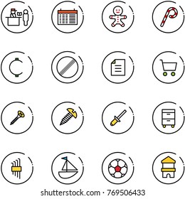 line vector icon set - passport control vector, schedule, cake man, lollipop, cent, no limit road sign, document, cart, screw, clinch, tool cabinet, allen key set, sailboat toy, soccer ball