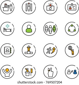 line vector icon set - passport control vector, metal detector gate, terrorism, identity, hospital bed, user, group, community, contact book, winner, career, world, success, speaker, victory