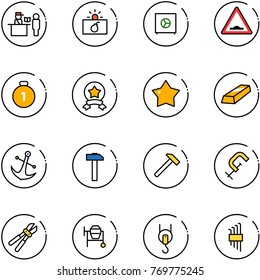 line vector icon set - passport control vector, terrorism, safe, artificial unevenness road sign, gold medal, star, anchor, hammer, clamp, bolt cutter, cocncrete mixer, winch, allen key set