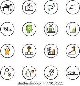 line vector icon set - passport control vector, terrorism, power hand, treadmill, abdominal muscles, brain work, tv news, garbage, success, winner, career, win, flying man, swimming