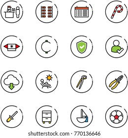 line vector icon set - passport control vector, plane seats, schedule, lollipop, candy, cent, shield check, user, download cloud, beach, plumber, pliers, clinch, tool cabinet, sailboat toy