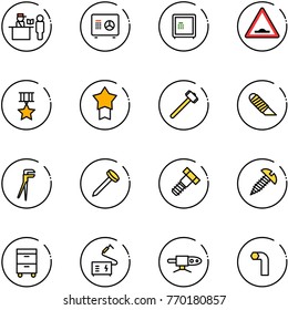 line vector icon set - passport control vector, safe, artificial unevenness road sign, star medal, sledgehammer, work knife, plumber, nail, bolt, screw, tool cabinet, welding, pipe, allen key