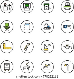 line vector icon set - passport control vector, atm, printer, office chair, micro flash card, conveyor, projector, corner ruler, plumber, drill, jack, tool cabinet, welding, stapler, allen key