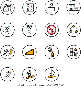 line vector icon set - passport control vector, elevator, recieptionist, hospital building, run, pull ups, no left turn road sign, community, career, stairs, world, opportunity, flying man, surfing