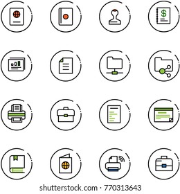 line vector icon set - passport vector, stamp, annual report, statistics, document, network folder, shared, printer, portfolio, schedule, book, wireless, case