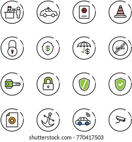 line vector icon set - passport control vector, safety car, road cone, lock, safe, insurance, end overtake limit sign, key, locked, shield, check, certificate, anchor, wireless, surveillance camera