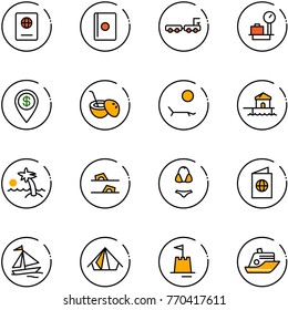 line vector icon set - passport vector, baggage truck, scales, dollar pin, coconut cocktail, lounger, bungalow, palm, flip flops, swimsuit, sail boat, tent, sand castle, cruiser