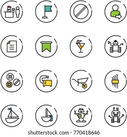 line vector icon set - passport control vector, flag, no limit road sign, user login, document, drink, robot, rivet, machine tool, wheelbarrow, allen key set, sailboat toy