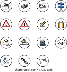 line vector icon set - passport control vector, dollar, cash, road signpost sign, round motion, intersection, check, pennant, palm, car baggage, binary code, cloud exchange data, molecule, link