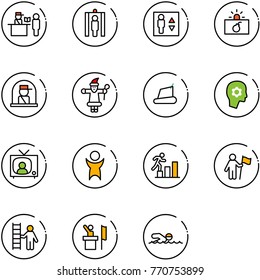 line vector icon set - passport control vector, metal detector gate, elevator, officer window, santa claus, treadmill, brain work, tv news, success, career, win, opportunity, speaker