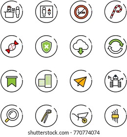 line vector icon set - passport control vector, elevator, no smoking sign, lollipop, candy, shield cross, download cloud, refresh, flag, building, paper fly, robot, magnifier, plumber, wheelbarrow