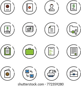 line vector icon set - passport vector, stamp, annual report, statistics, document, shared folder, clipboard, case, agreement, data exchange, printer wireless