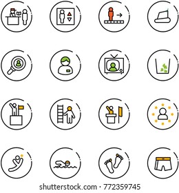 line vector icon set - passport control vector, elevator, travolator, treadmill, head hunter, manager, tv news, garbage, win, opportunity, speaker, star man, flying, swimming, feet, swimsuit