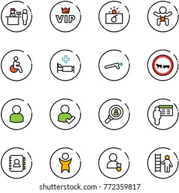 line vector icon set - passport control vector, vip, terrorism, baby, disabled, hospital bed, push ups, no cart horse road sign, user, check, head hunter, presentation, contact book, success, winner