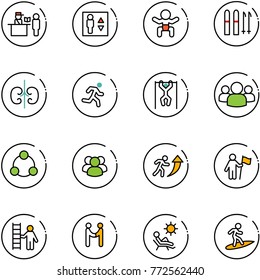 line vector icon set - passport control vector, elevator, baby, ski, kidneys, run, pull ups, group, social, career, win, opportunity, agreement, beach, surfing