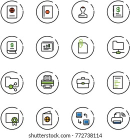 line vector icon set - passport vector, stamp, annual report, statistics, attachment, network folder, shared, printer, portfolio, document, certificate, data exchange, wireless