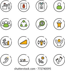 line vector icon set - passport control vector, male wc, pull ups, user, group, social, search money, success, career, stairs, team leader, flying man, swimming, beach, feet