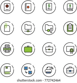 line vector icon set - passport vector, annual report, attachment, network folder, shared, clipboard, printer, case, portfolio, certificate, book, data exchange, wireless