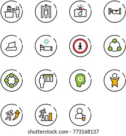 Line Vector Icon Set - Passport Control Vector, Metal Detector Gate, Terrorism, Hotel, Treadmill, Hospital Bed, No Pedestrian Road Sign, Social, Friends, Presentation, Brain Work, Success, Career