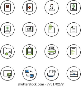 line vector icon set - passport vector, stamp, annual report, statistics, attachment, document, shared folder, clipboard, printer, certificate, data exchange, wireless, case