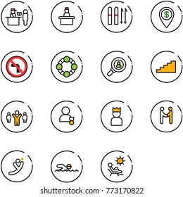 line vector icon set - passport control vector, recieptionist, ski, dollar pin, no left turn road sign, friends, head hunter, stairs, team leader, winner, king, agreement, flying man, swimming