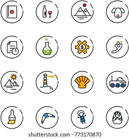 line vector icon set - passport vector, wine, mountains, dog, history, round flask, money managemet, flying man, pyramid, lighthouse, shell, moon rover, brush, boomerang, doll, russian