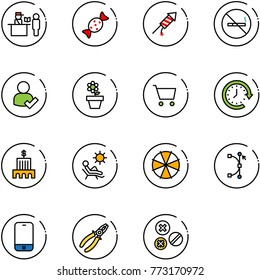 line vector icon set - passport control vector, candy, firework rocket, no smoking sign, user check, flower pot, cart, clock around, bank building, beach, parasol, bezier, mobile phone, pliers