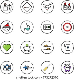 line vector icon set - passport control vector, smoking area sign, christmas deer, candle, elf, stomach, credit card, speed limit 30 road, heart, piggy bank, flip flops, power, carbon, connect, awl