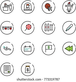 line vector icon set - passport control vector, officer window, plane globe, santa claus, garland, lollipop, ski, thermometer, abdominal muscles, schedule, dollar flag, fast backward, agreement