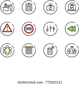 line vector icon set - passport control vector, metal detector gate, terrorism, officer window, traffic light road sign, customs, settings, fast backward, gear globe, jalousie, remote