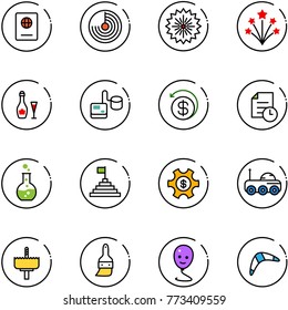 line vector icon set - passport vector, radar, firework, wine, tonometer, money back, history, round flask, pyramid flag, managemet, moon rover, crown drill, brush, balloon smile, boomerang