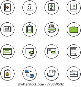 line vector icon set - passport vector, stamp, annual report, statistics, clipboard, printer, case, schedule, certificate, envelope, agreement, data exchange, wireless