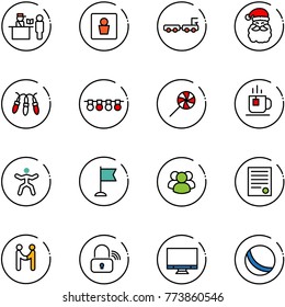 line vector icon set - passport control vector, male wc, baggage truck, santa claus, garland, lollipop, tea, gymnastics, flag, group, agreement, wireless lock, monitor, ball