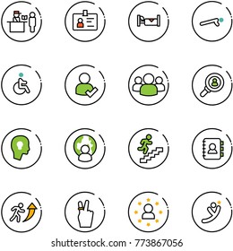 line vector icon set - passport control vector, identity, hotel, push ups, disabled, user check, group, head hunter, bulb, man globe, career, contact book, victory, star, flying